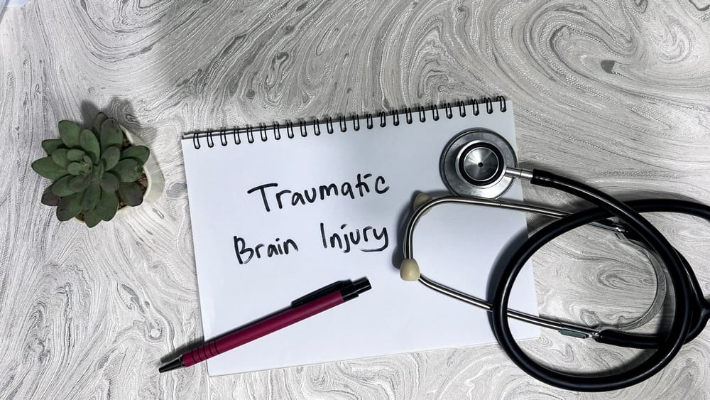 Notepad reading "Traumatic Brain Injury" next to a stethoscope