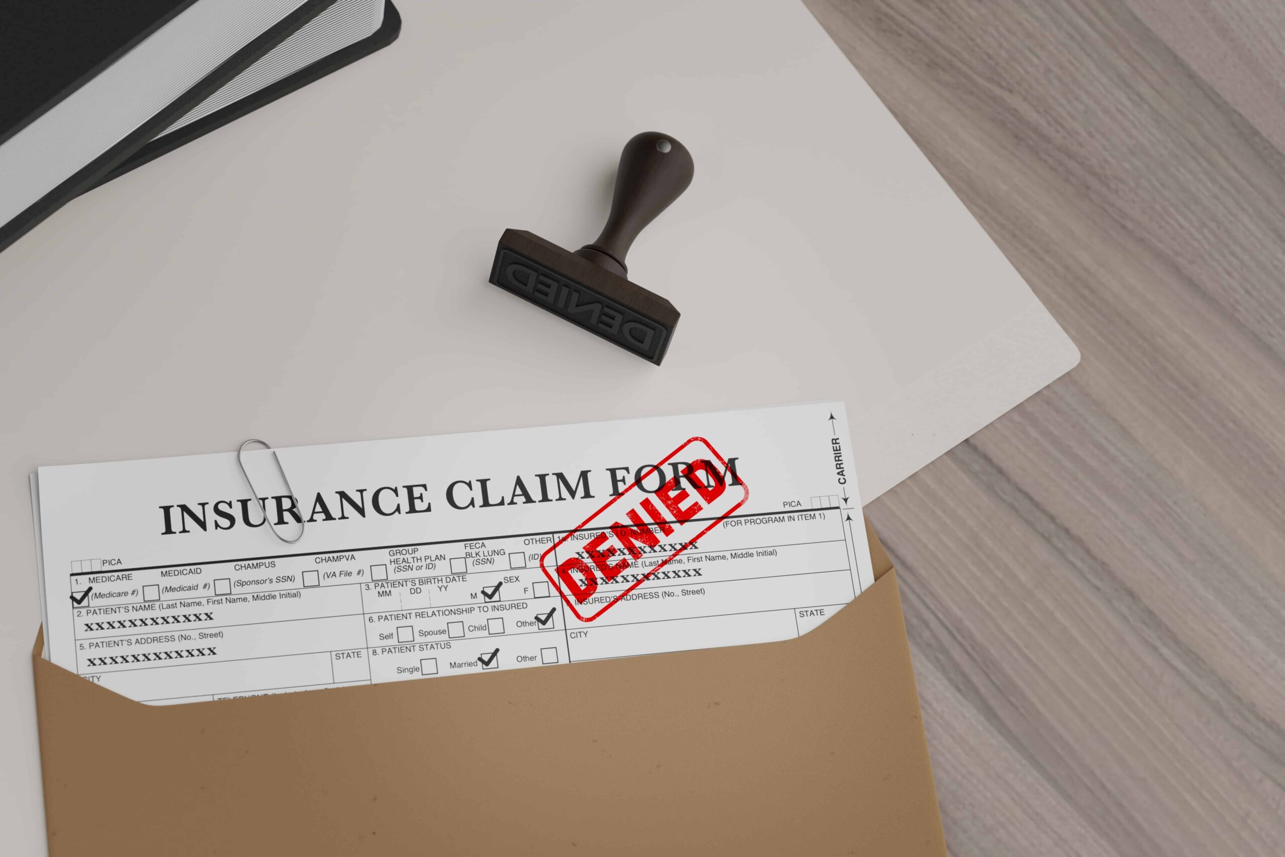 Insurance claim form stamped denied on desk with folder and rubber stamp. Insurance claim form stamped denied on desk with folder and rubber stamp.