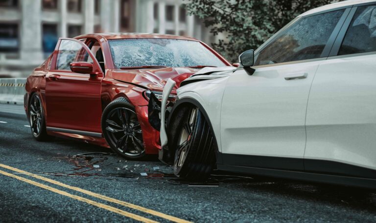 Severe head-on collision between red and white cars on city street after car accident