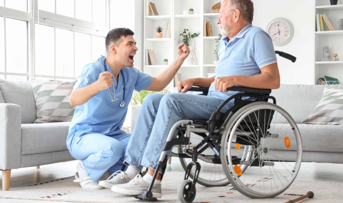 Nurse encouraging and supporting elderly man in a wheelchair during rehabilitation at home. Nurse encouraging and supporting elderly man in a wheelchair during rehabilitation at home.