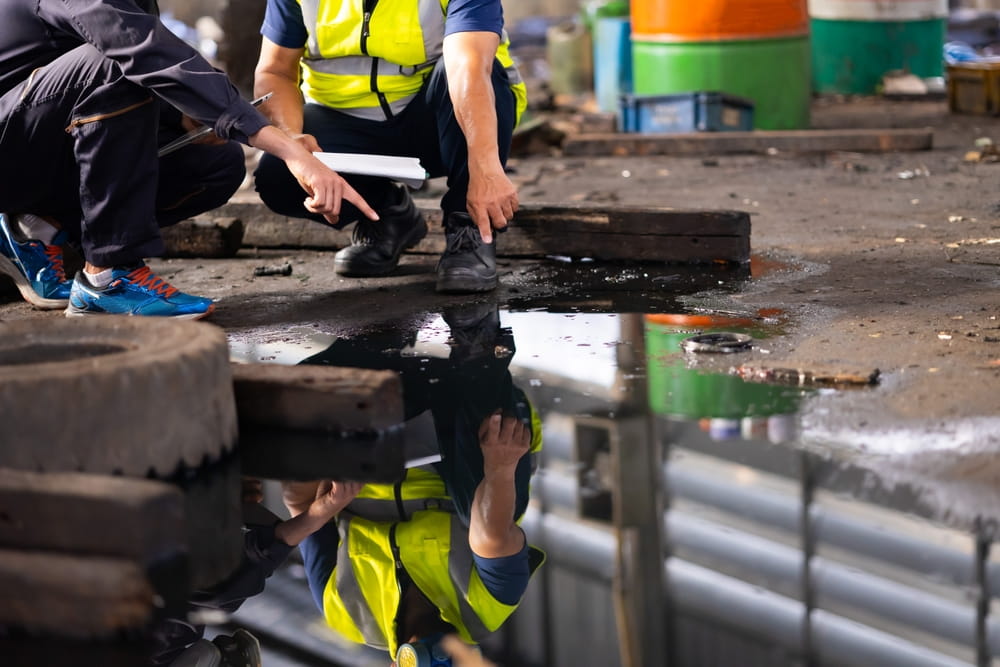 Workers identifying slippery surface causing fall risk on Austin construction site