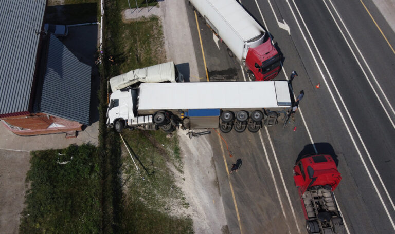 Aerial view of jackknife truck accident illustrating multi party liability in Austin