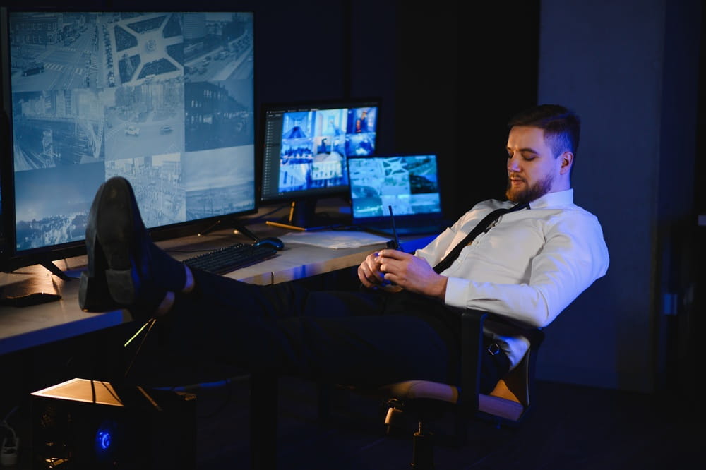 Security guard distracted while monitoring surveillance cameras illustrating negligent security in Texas