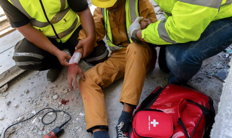 Injured construction worker receiving first aid on Texas job site for workers compensation claim