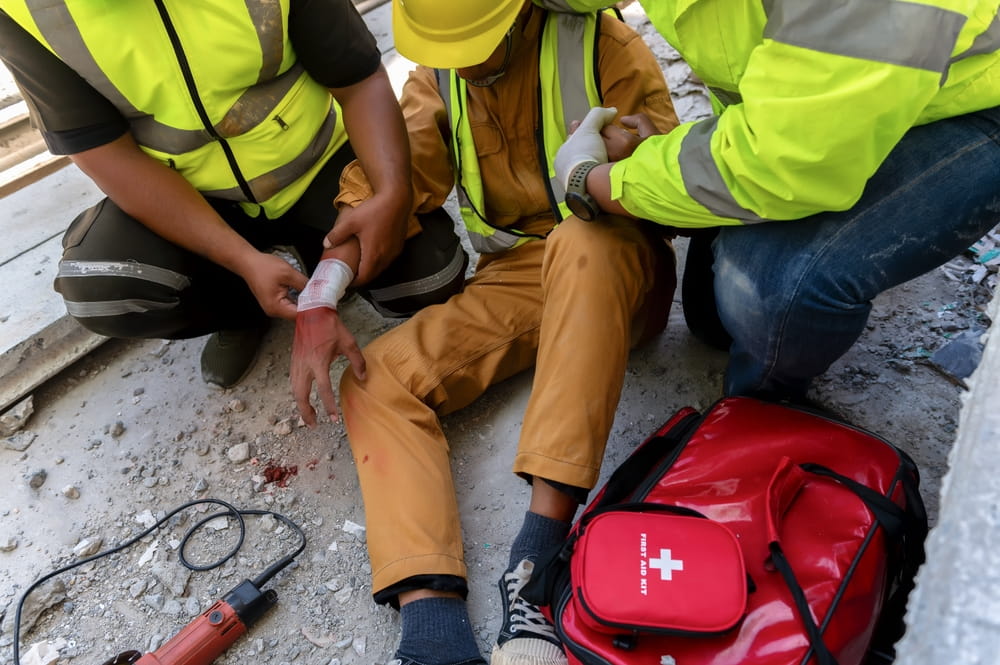Injured construction worker receiving first aid on Texas job site for workers compensation claim