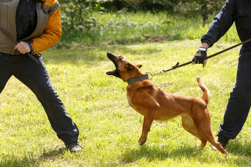 Dog lunging aggressively while being restrained by owners, illustrating lack of control and potential liability without prior bite history