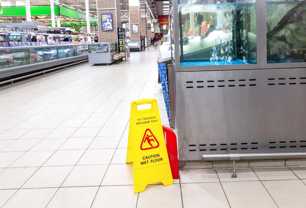 Caution wet floor sign in a grocery store aisle highlighting potential slip and fall hazard for customers