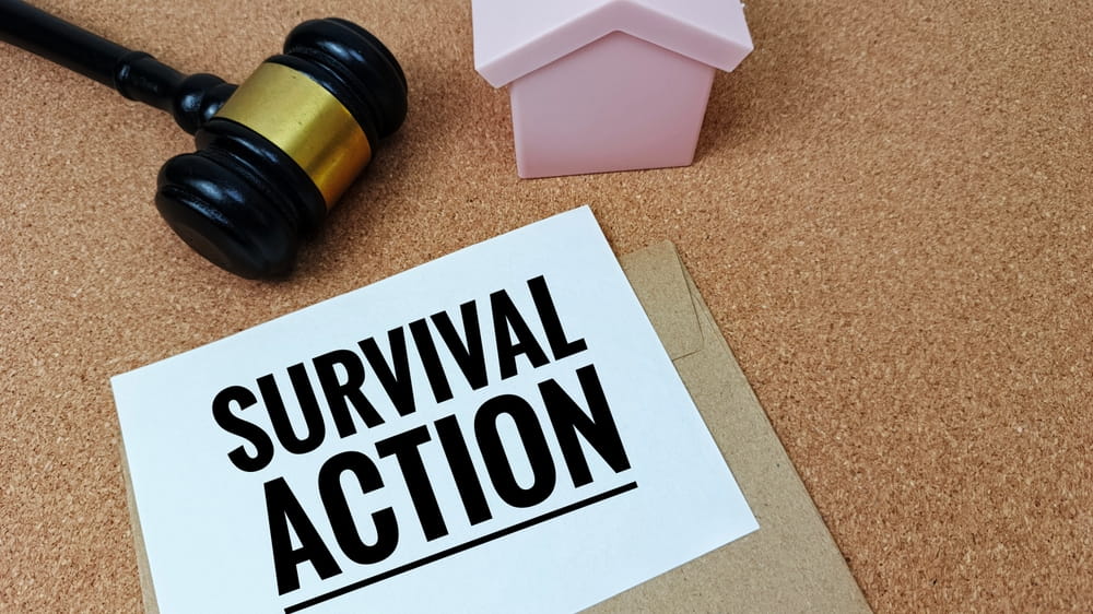 Document labeled survival action next to gavel illustrating legal claims pursued by an estate after death in Texas