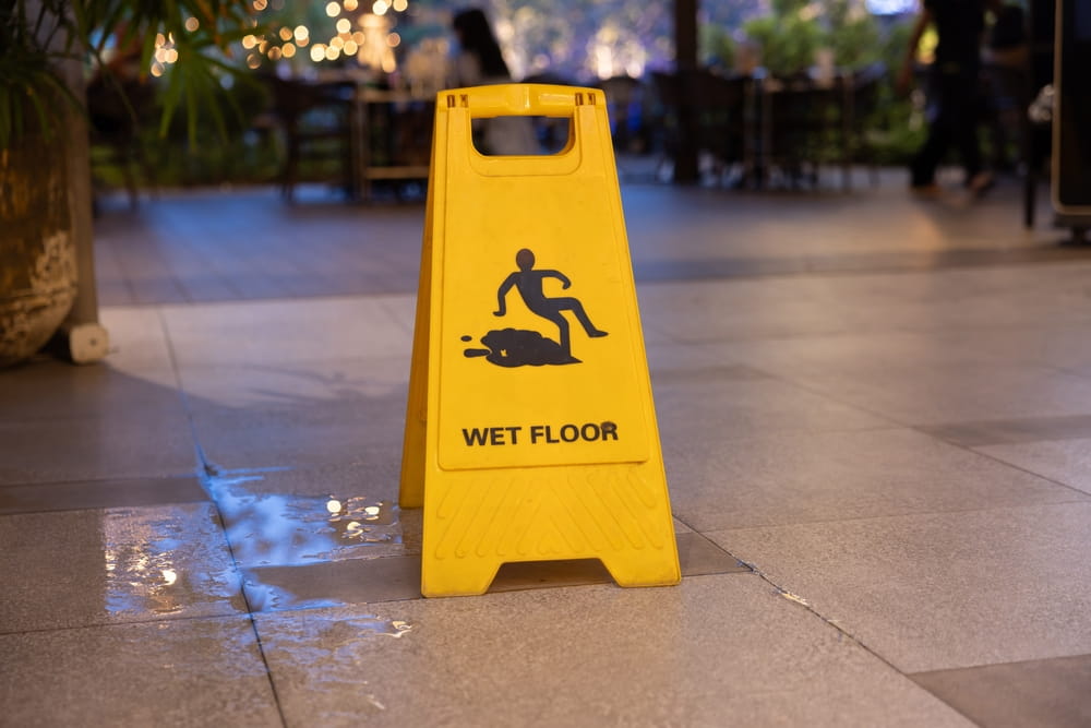 Wet floor warning sign placed near spilled liquid to prevent slip and fall accidents in a commercial property