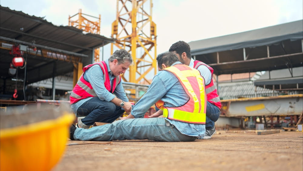 Construction workers providing aid after a jobsite accident in Grand Junction
