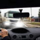 Driver approaching a potential collision with a commercial truck