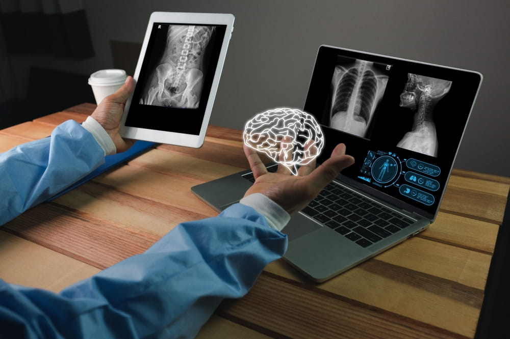 Medical professional reviewing brain injury imaging and concussion-related records