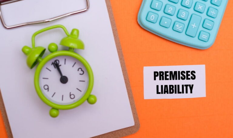 Alarm clock beside a "Premises Liability" card representing the time-notice element in Texas slip and fall claims