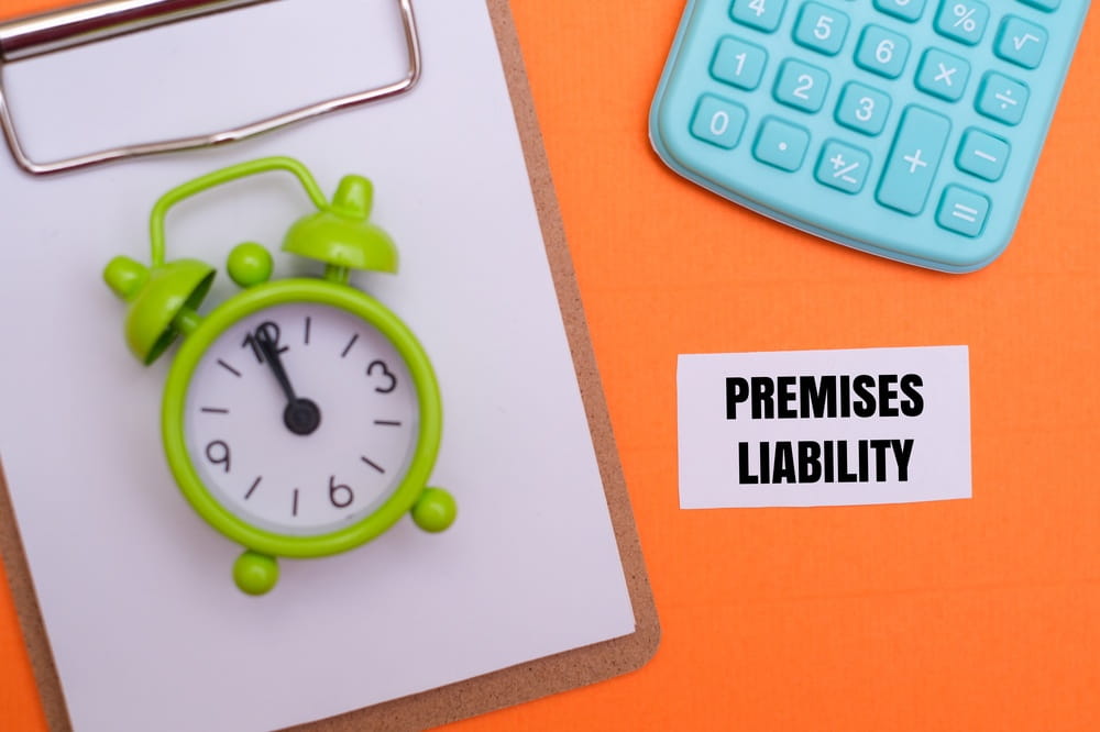 Alarm clock beside a "Premises Liability" card representing the time-notice element in Texas slip and fall claims