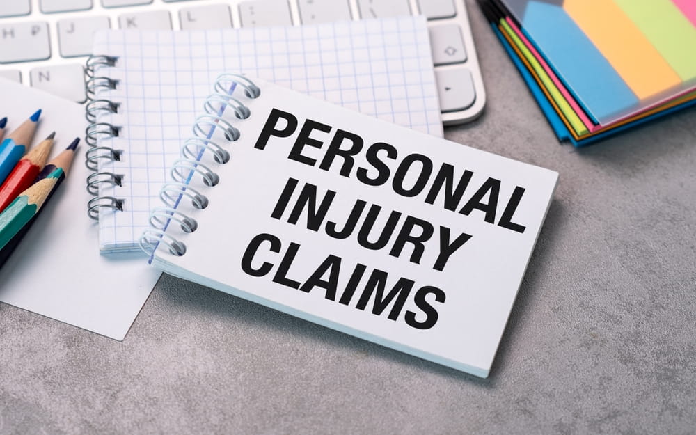 Notepad reading "Personal Injury Claims" on an office desk