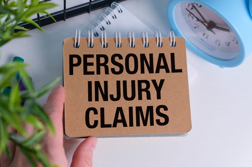 Hand holding a notepad reading "Personal Injury Claims"