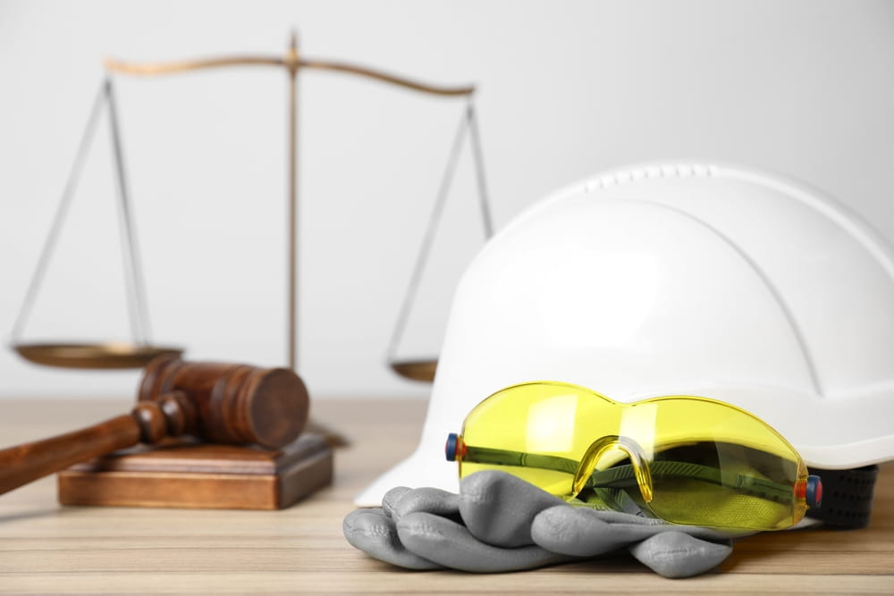 Hard hat and safety gear next to a gavel and scales of justice